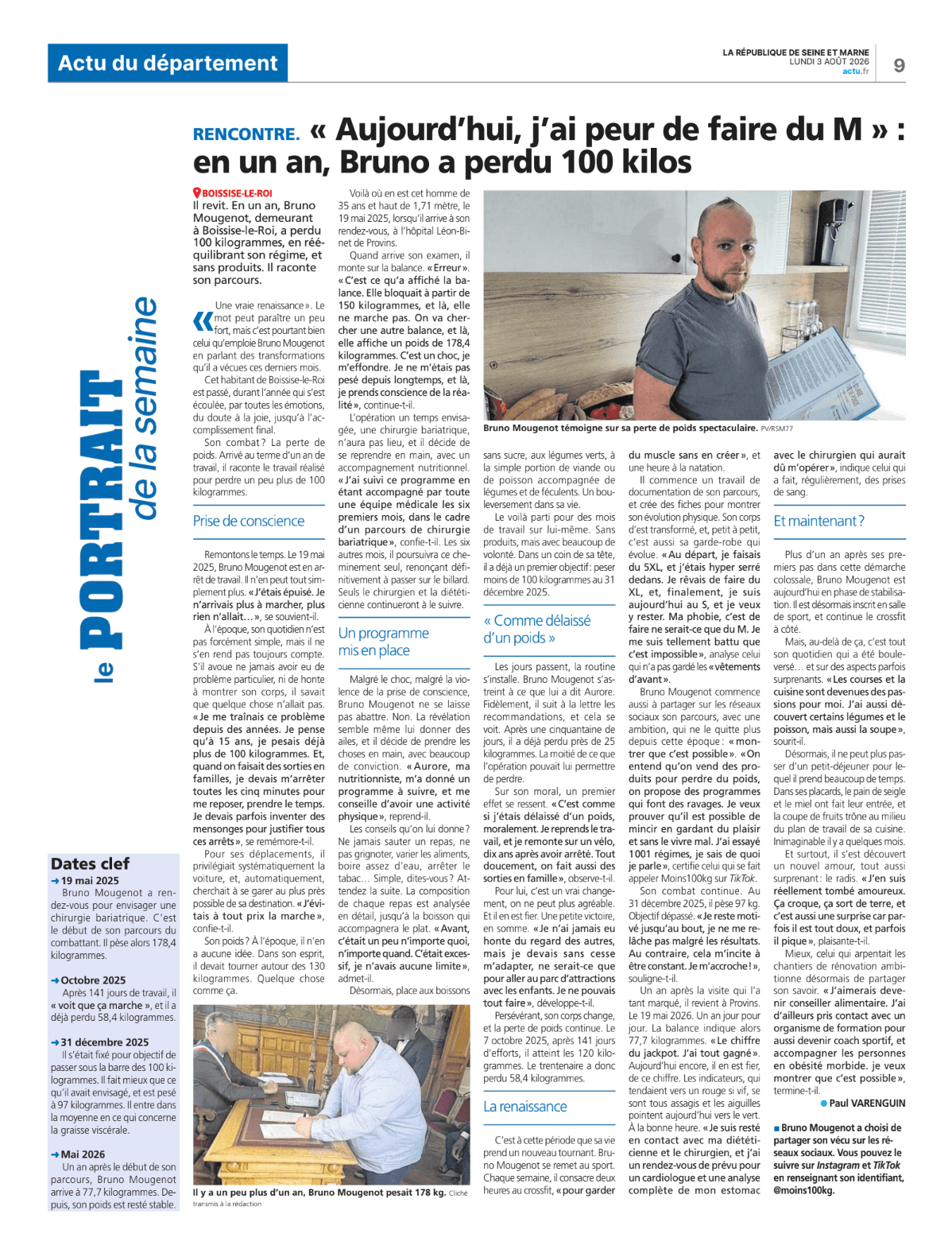 Page « Actu du département » de La République de Seine-et-Marne consacrée au portrait de Bruno Mougenot